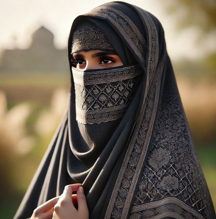 Muslim khatoon in hijab Respected Pakistani girl fully covered in a burqa, reflecting her modesty, grace, and cultural adherence.