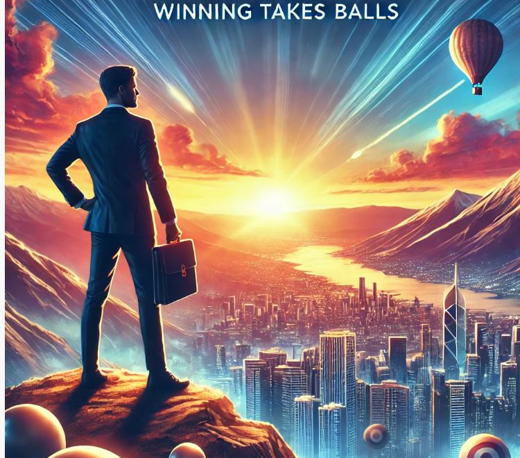 A confident entrepreneur stands on a mountain peak, overlooking a vast cityscape at sunrise. The vibrant scene represents success, bravery, and new opportunities in business, with the entrepreneur holding a briefcase, ready to take on challenges.