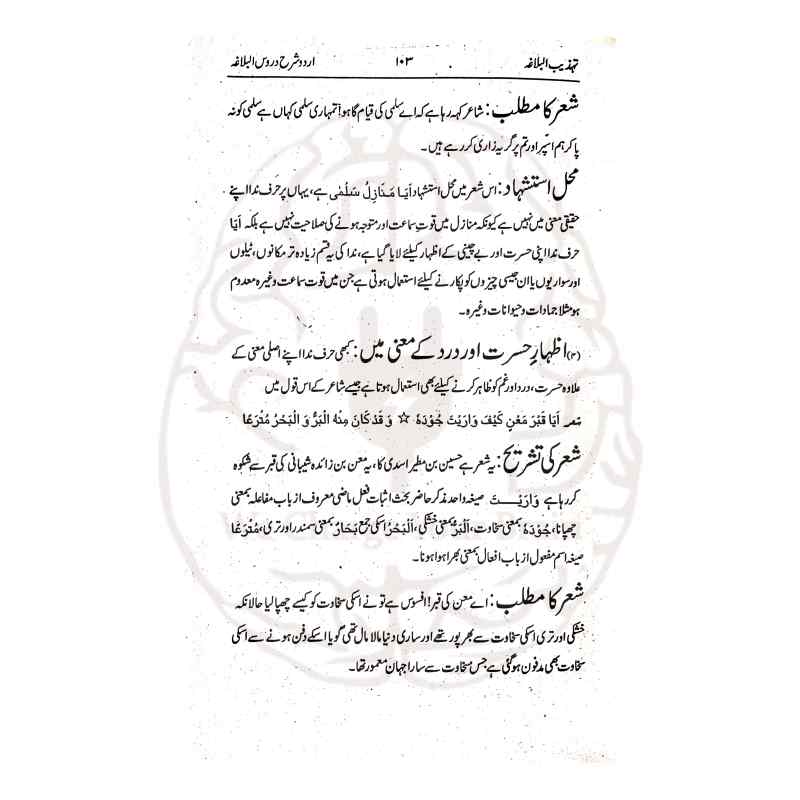 تہذیب البلاغۃ شرح دروس البلاغۃ علمِ بلاغت کی جامع اردو شرح ہے جو اعراب، تشریح اور درسی سوالات کے حل کے ساتھ مکمل رہنمائی فراہم کرتی ہے۔